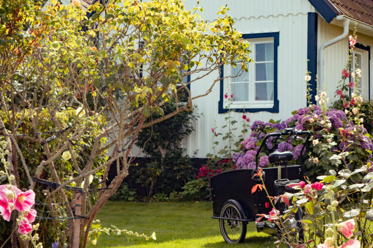 Vitt hus med blåa detaljer