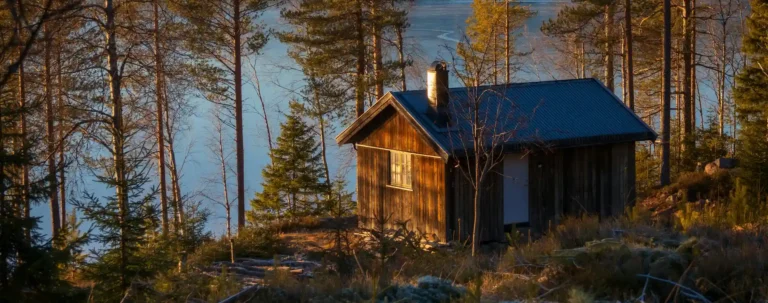 Liten trästuga vid en sjö omgiven av tallskog i kvällsljus, med stilla vatten i bakgrunden.