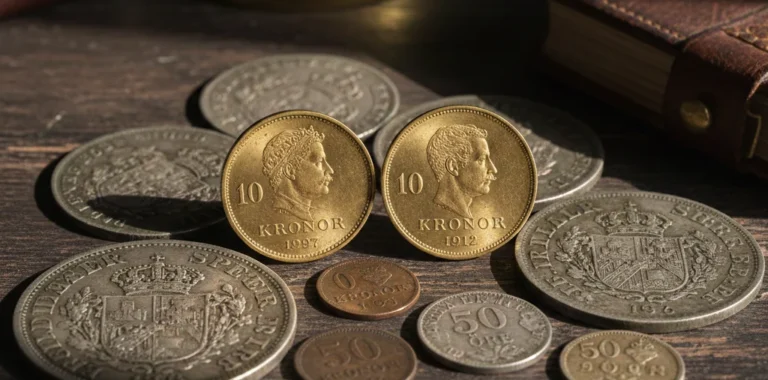 En samling gamla svenska mynt i guld och silver, inklusive 10-kronors guldmynt och stora riksdaler, utspridda på ett mörkt träbord tillsammans med ett förstoringsglas och en läderbok. Överst står texten "Ovanliga svenska mynt" i guldskrift.