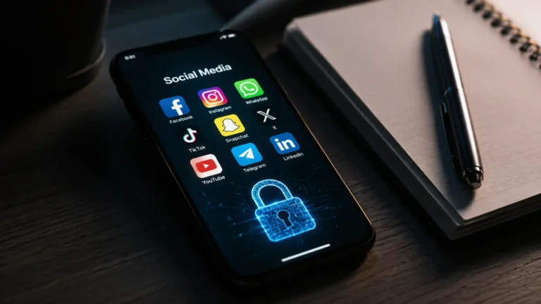 Närbild av en smartphone med lysande skärm som visar sociala medier-ikoner och ett digitalt hänglås, placerad på ett mörkt träskrivbord bredvid ett öppet anteckningsblock och en penna. Bilden har mjuk sidobelysning, kort skärpedjup och en mörk, filmisk känsla.
